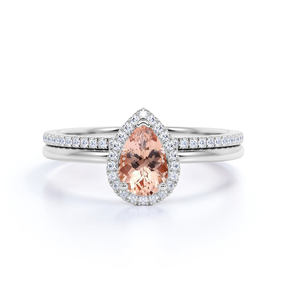 Unique 1.50 Carat Pear cut Morganite and Diamond Halo Wedding Ring Set for Her in Rose Gold