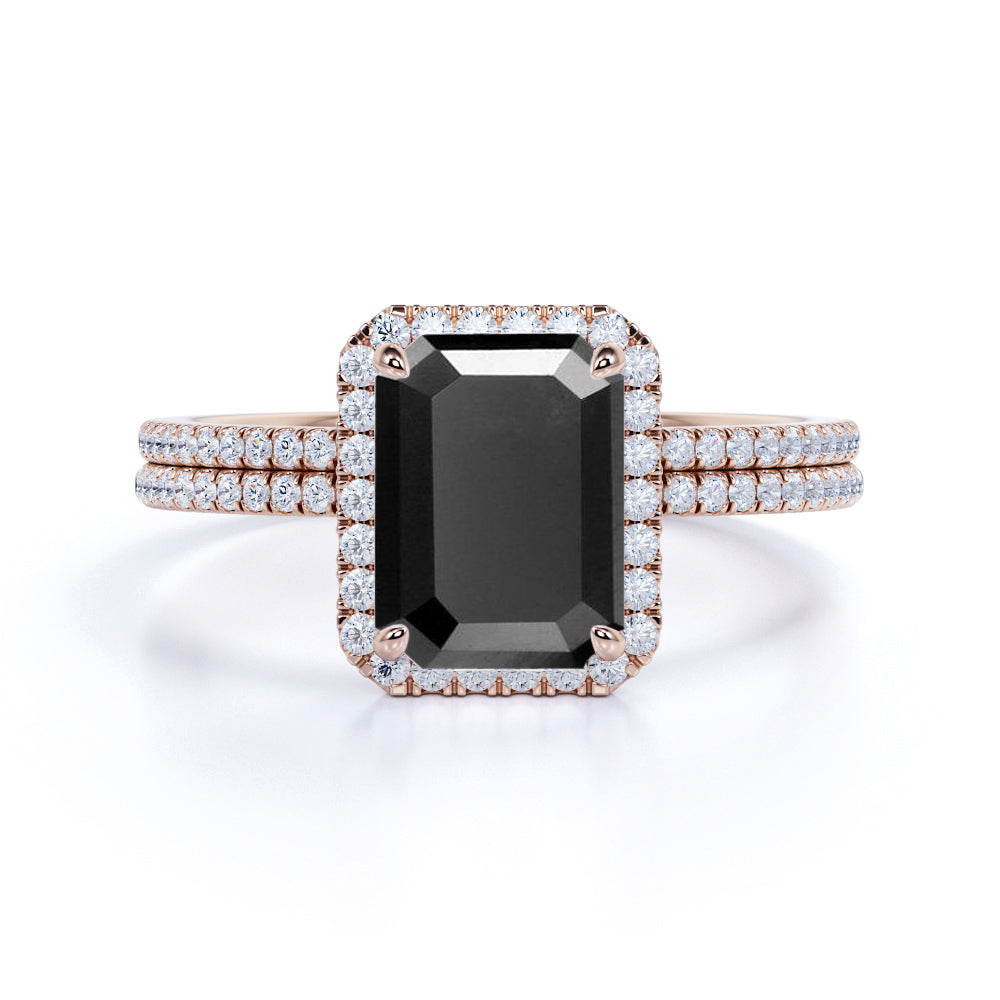 1.75 ct Emerald Lab Black Diamond Halo Wedding Set