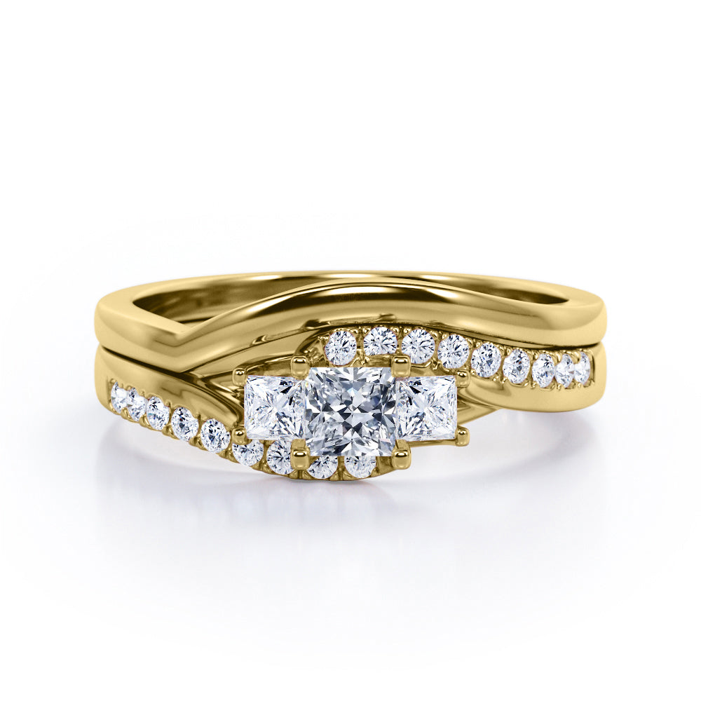 3 Stone Tension - 0.5 TCW Princess Cut Diamond - Flush Pave Curved Shank Wedding Set - 10K White Gold