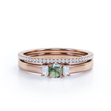 Trio Stone 1 carat Round Moss Agate and Moissanite Bridal Set in Rose Gold