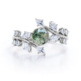 Modern Floral Style 1 Carat Round Cut Natural Translucent Dendritic Moss Green Agate and Diamond Art Deco Engagement Ring