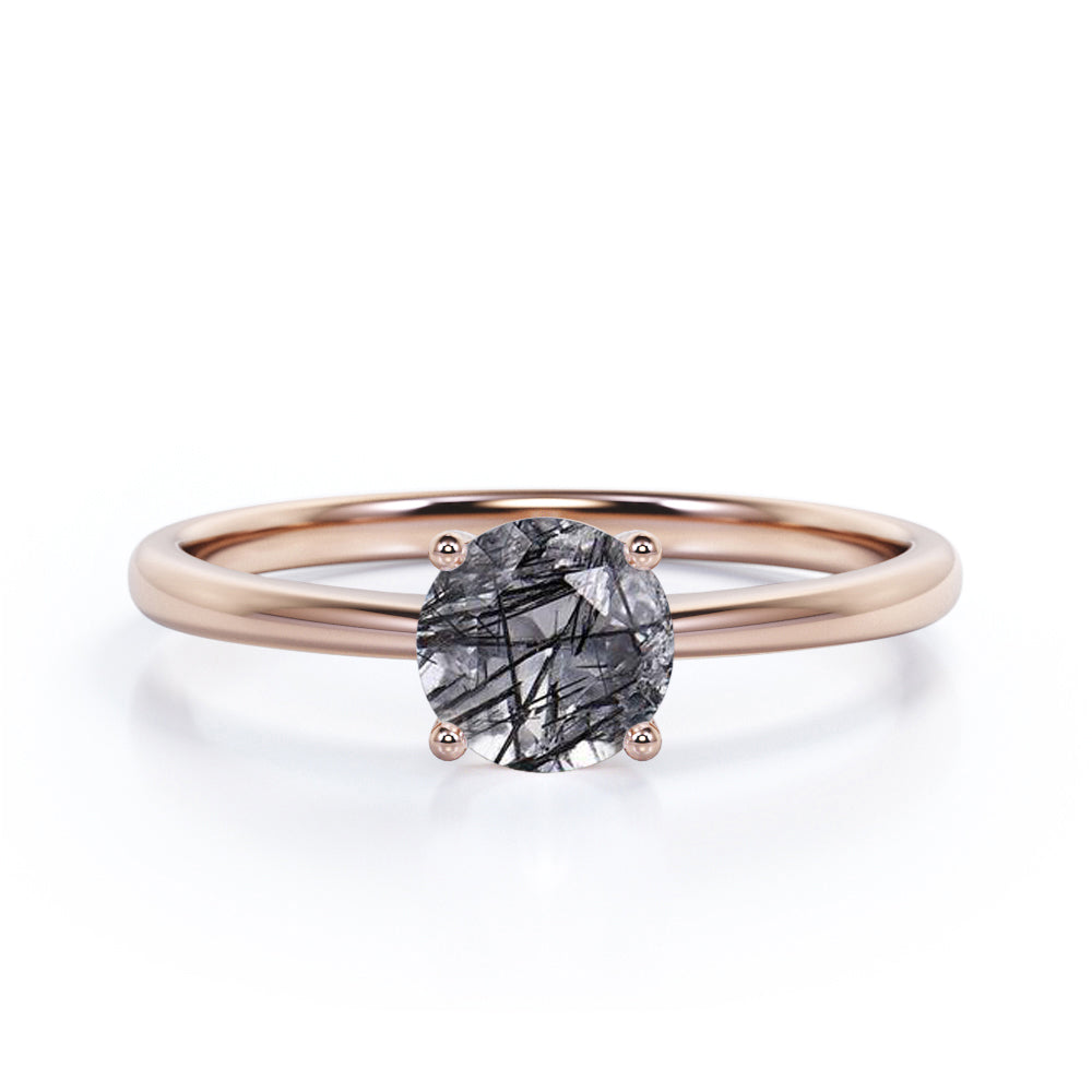 1 ct Round Cut Black Hair Rutilated Quartz Solitaire Engagement Ring