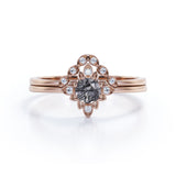 Sunburst Bezel Set 0.65 Carat Round Druzy Black Rutilated Quartz and Diamond Art Deco Dainty Wedding Set Rings