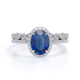 Antique Design 2 Carat Oval Cut Sapphire and Diamond Halo Wedding Set with Art Deco Band in White Gold
