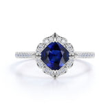 Flower Shaped 1.50 Carat Cushion Cut Sapphire and Diamond Engagement Ring in White Gold