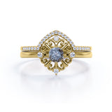 Modern Leaf Outline 5 Stone 0.85 Carat Round Cut Fancy Dark Grey Salt and Pepper Diamond and Contour Pave Band Bridal Set Rings