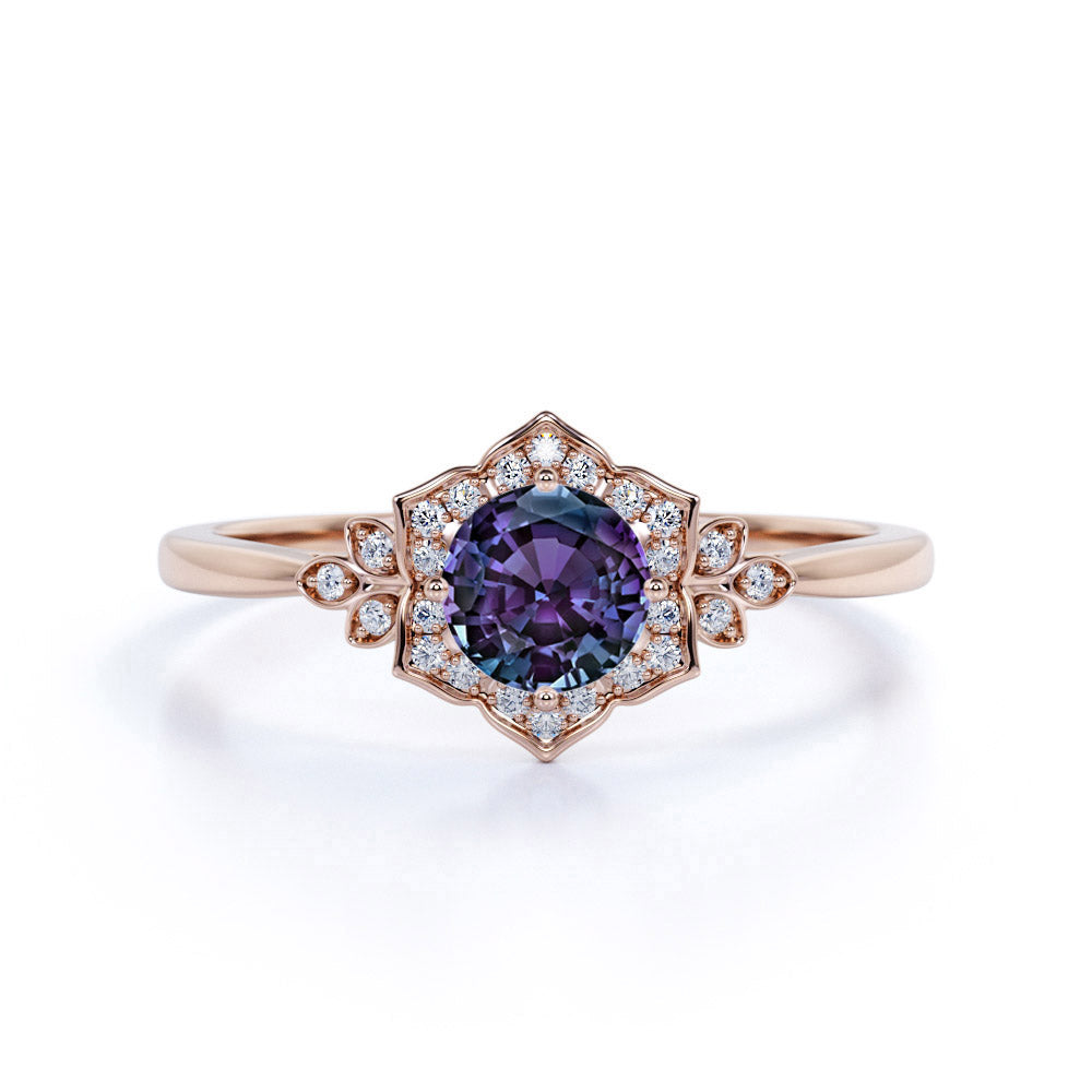 Flower 1.25 Ct Round Lab Alexandrite Cluster Engagement Ring