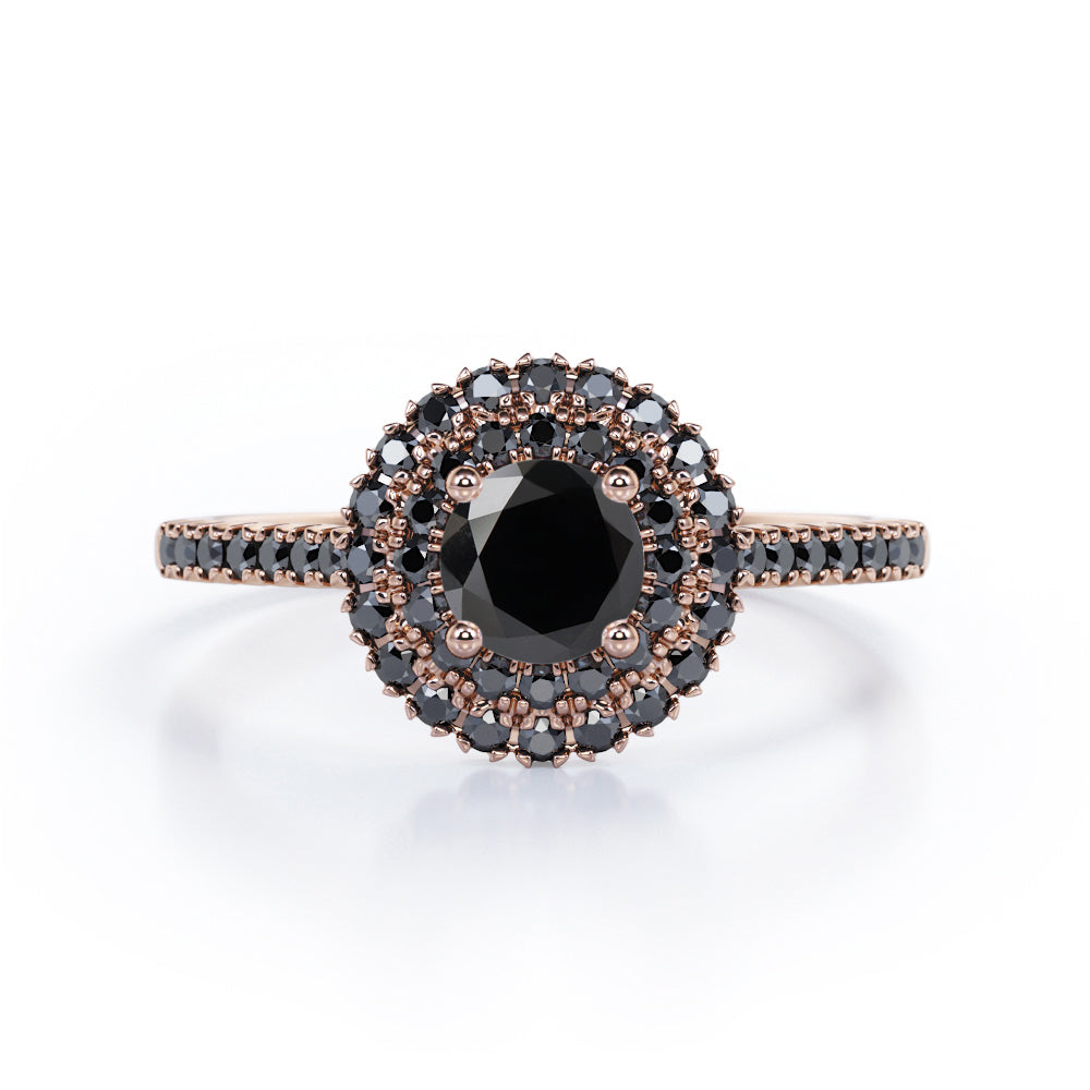 Double Halo Cluster - 1.5 TCW Round Shape Lab Created Black Diamond - Pave Accented Engagement Ring in White Gold