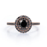 Double Halo Cluster - 1.5 TCW Round Shape Lab Created Black Diamond - Pave Accented Engagement Ring in White Gold