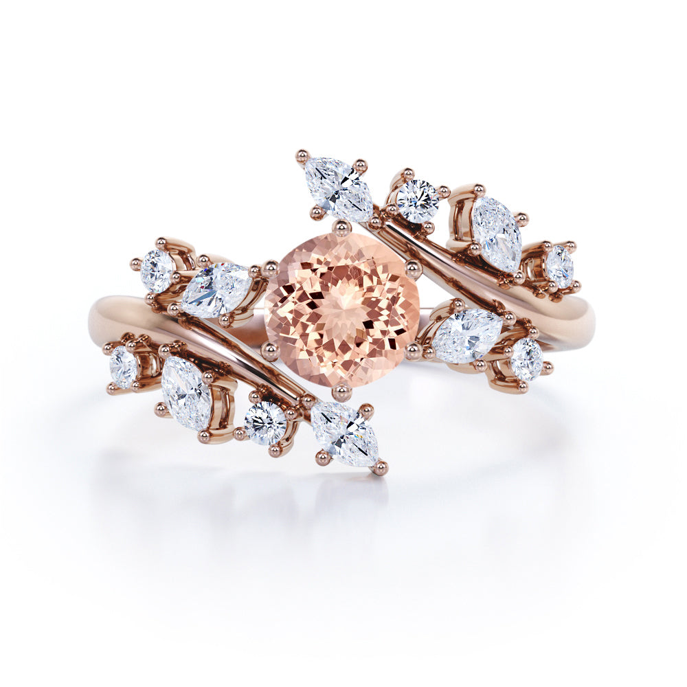 Bypass Nature-Inspired 1 carat Round Morganite and Moissanite Engagement Ring in White Gold