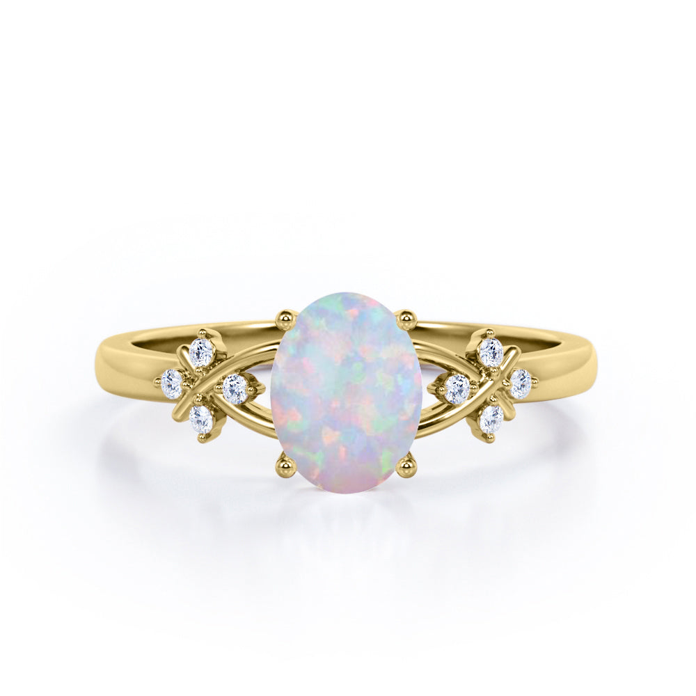 1.1 Ct Oval Cut Lab Created Opal Leaf Engagement Ring