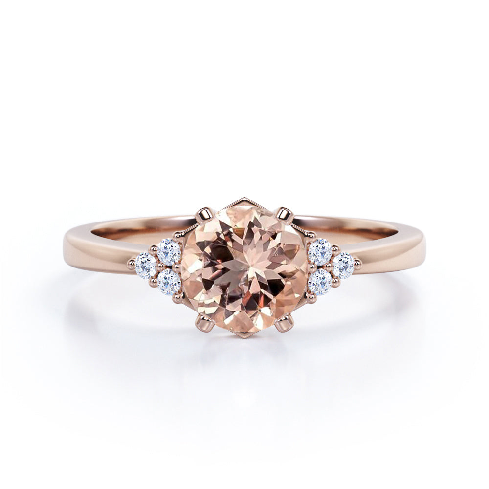 Dainty Ring For Her - 0.55 carat Round Morganite and Moissanite Minimal Style Engagement Ring in White Gold