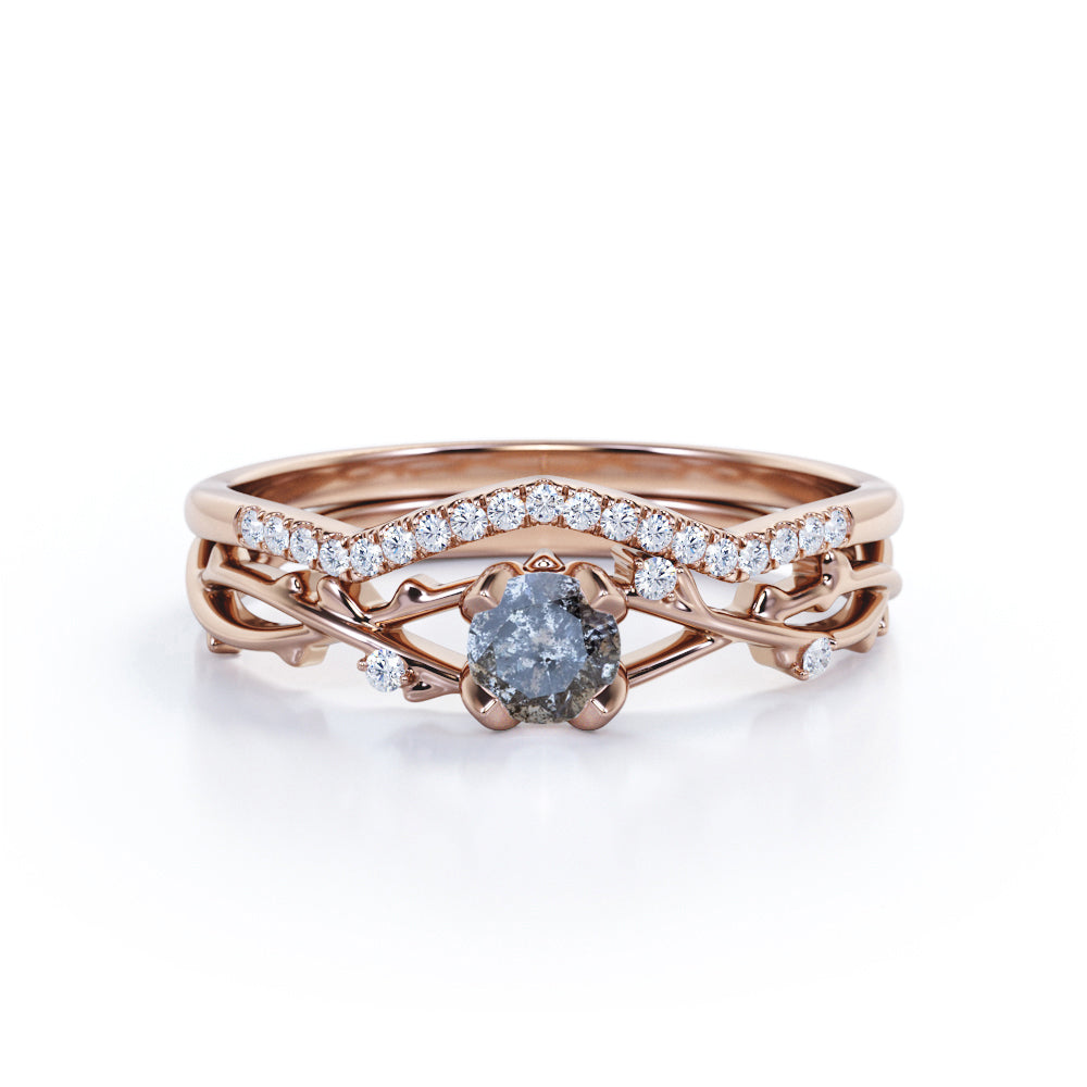 0.85 Ct Round Salt and Pepper Diamond Leaf Wedding Ring Set