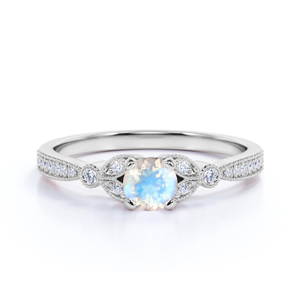 Leaves 1 Carat Round Mystic Moonstone and Diamond Modern Art Deco Engagement Ring in Rose Gold