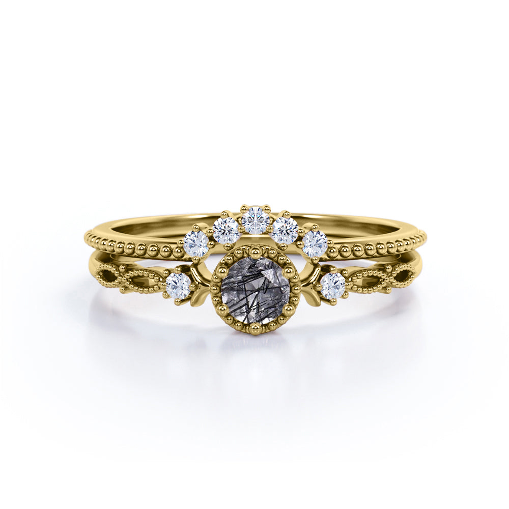 Trilogy Milgrain 0.65 Carat Round Cut Druzy Rutilated Quartz and Diamond Art Deco Wedding Set Rings for Her