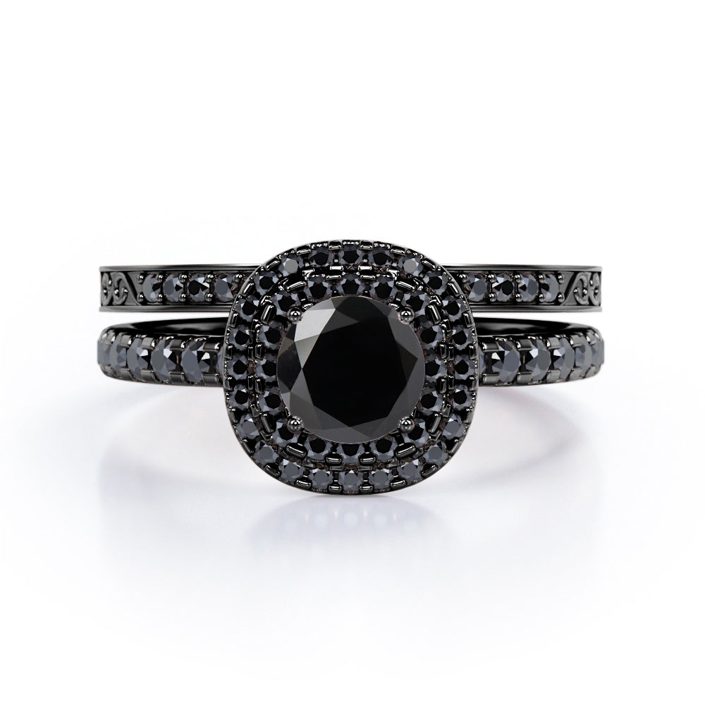 Cushion Double Halo 1.75 TCW Round Brilliant Cut Lab Created Black Diamond Bridal Set with Pave Accents in White Gold