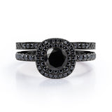 Cushion Double Halo 1.75 TCW Round Brilliant Cut Lab Created Black Diamond Bridal Set with Pave Accents in White Gold