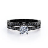 Lattice 1.5 TCW Princess Cut Moissanite with Lab Created Black Diamond 4-Prong Pave Bridal Set in White Gold