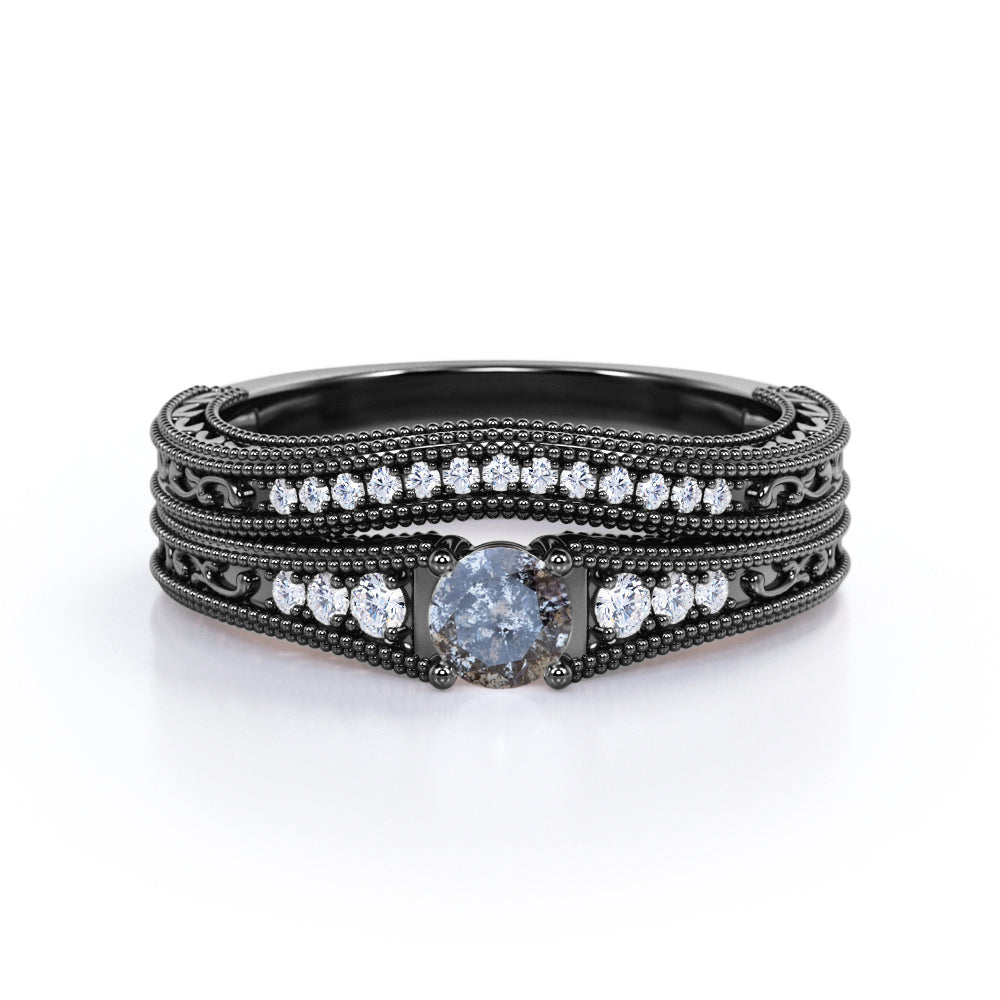 Tapered 0.55 Carat Round Cut Natural Icy Salt And Pepper Diamond Modern Art Deco Wedding Ring Set In White Gold.