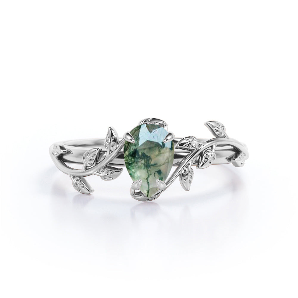 Vine Leaf 1 carat Pear Cut Moss Agate Engagement Ring in White Gold