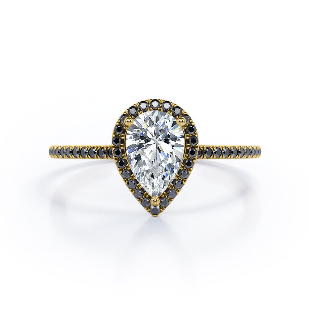 Halo Design 1.45 TCW Pear Cut Moissanite with Lab Created Black Diamond Scalloped Pave Engagement Ring in Rose Gold