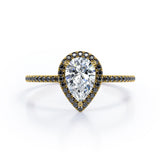 Halo Design 1.45 TCW Pear Cut Moissanite with Lab Created Black Diamond Scalloped Pave Engagement Ring in Rose Gold