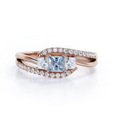Shared Prongs 1 carat Princess Aquamarine and Moissanite Split Shank Band Engagement Ring in Rose Gold