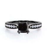 Classic Eight Prongs 1.25 Carat Cushion Cut Black Diamond Vintage Milgrain Engagement Ring In White Gold