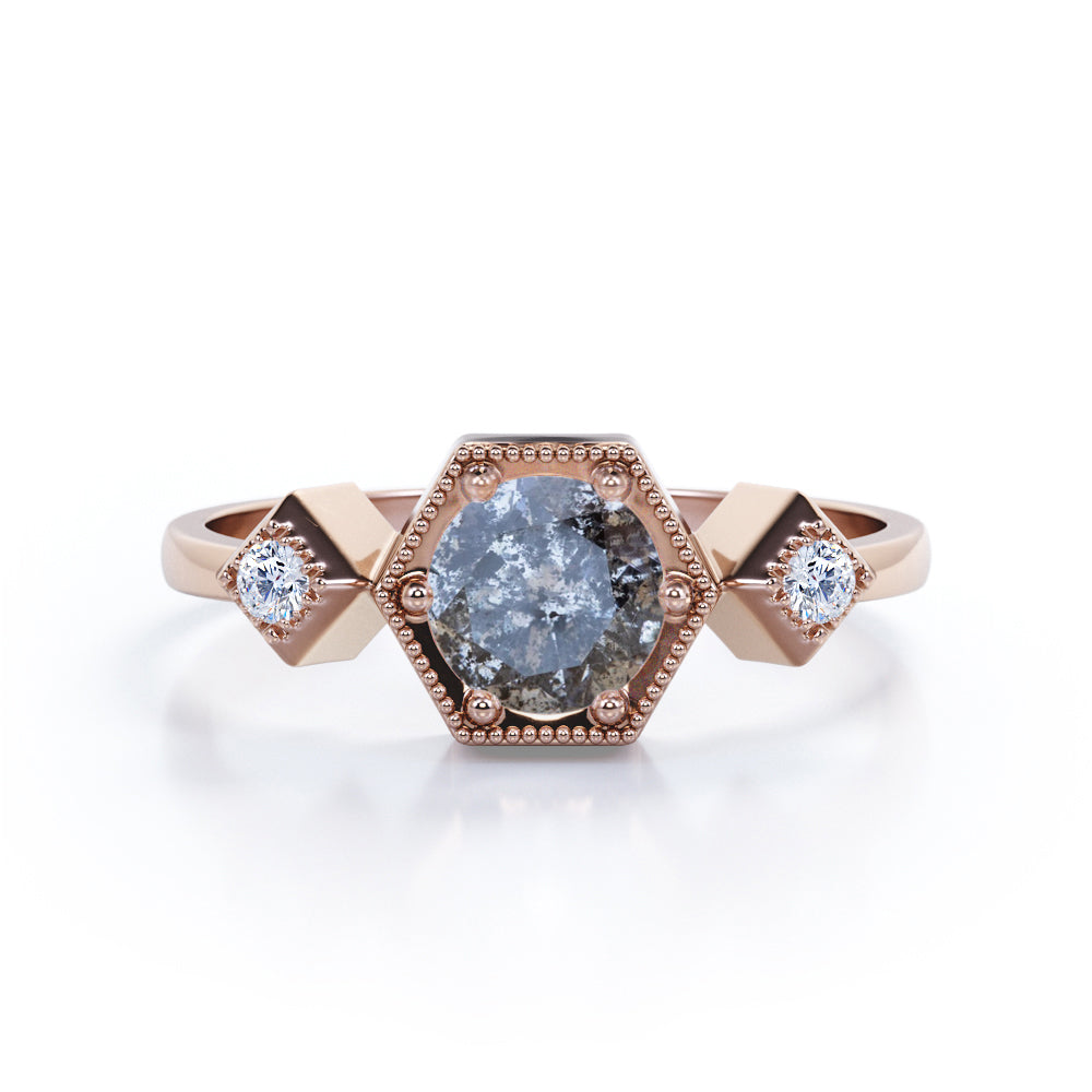 Hexagon Milgrain 0.65 Carat Round Cut Icy Salt And Pepper Diamond Three Stone Engagement Ring In White Gold