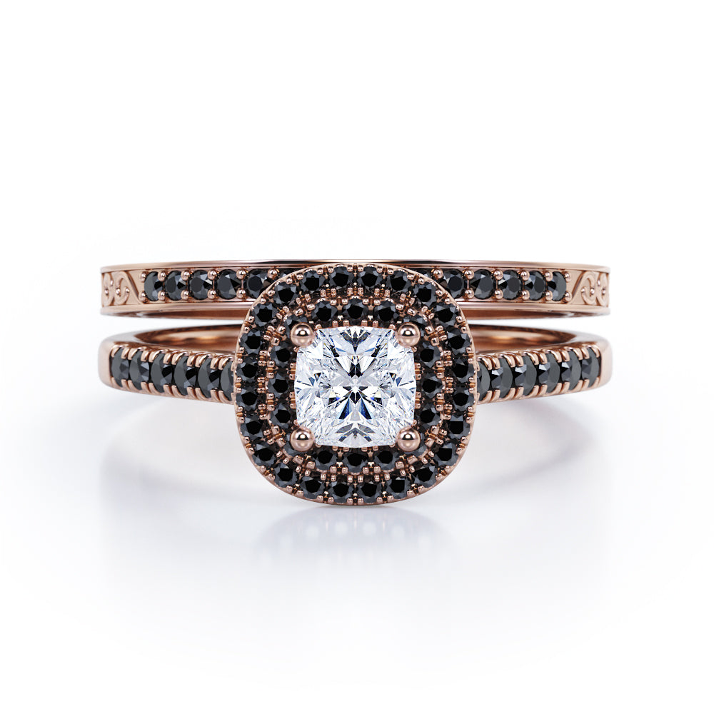 Filigree Scalloped Pave 1.65 TCW Princess Cut Moissanite with Lab Created Black Diamond Double Halo Style Wedding Ring Set in White Gold