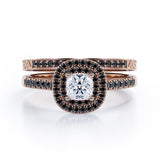 Filigree Scalloped Pave 1.65 TCW Princess Cut Moissanite with Lab Created Black Diamond Double Halo Style Wedding Ring Set in White Gold