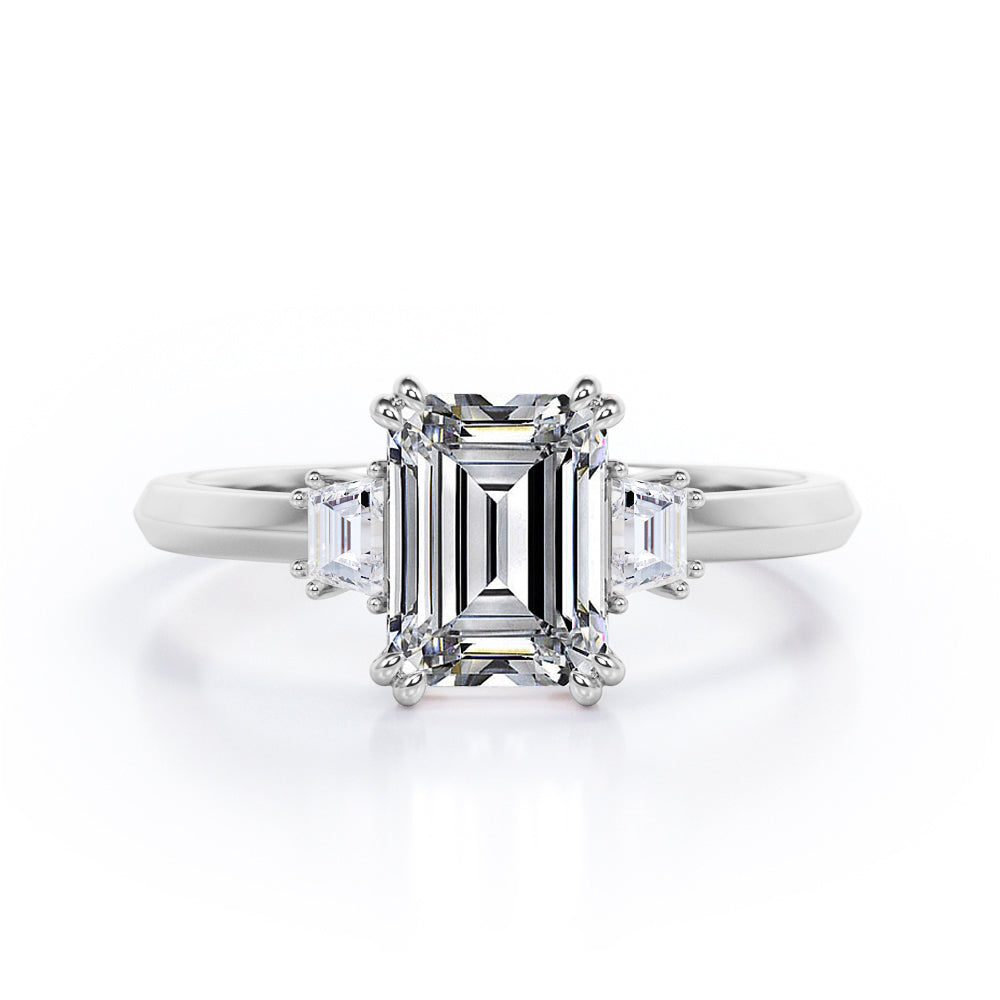 Eight Prongs 1.10 Carat Emerald Cut Moissanite And Diamond Three Stone Engagement Ring In Rose Gold