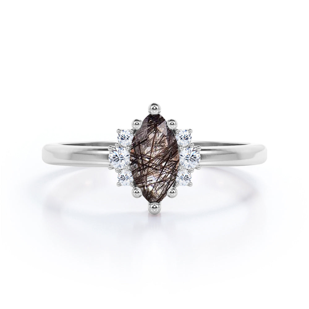 Unique Six Prong 1.25 Carat Marquise Cut Natural Black Rutilated Quartz And Diamond Seven Stone Engagement Ring In Black Gold