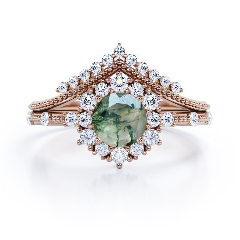 Vintage Milgrain 0.8 Carat Round Cut Moss Agate Bridal Set