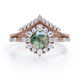 Vintage Milgrain 0.8 Carat Round Cut Moss Agate Bridal Set