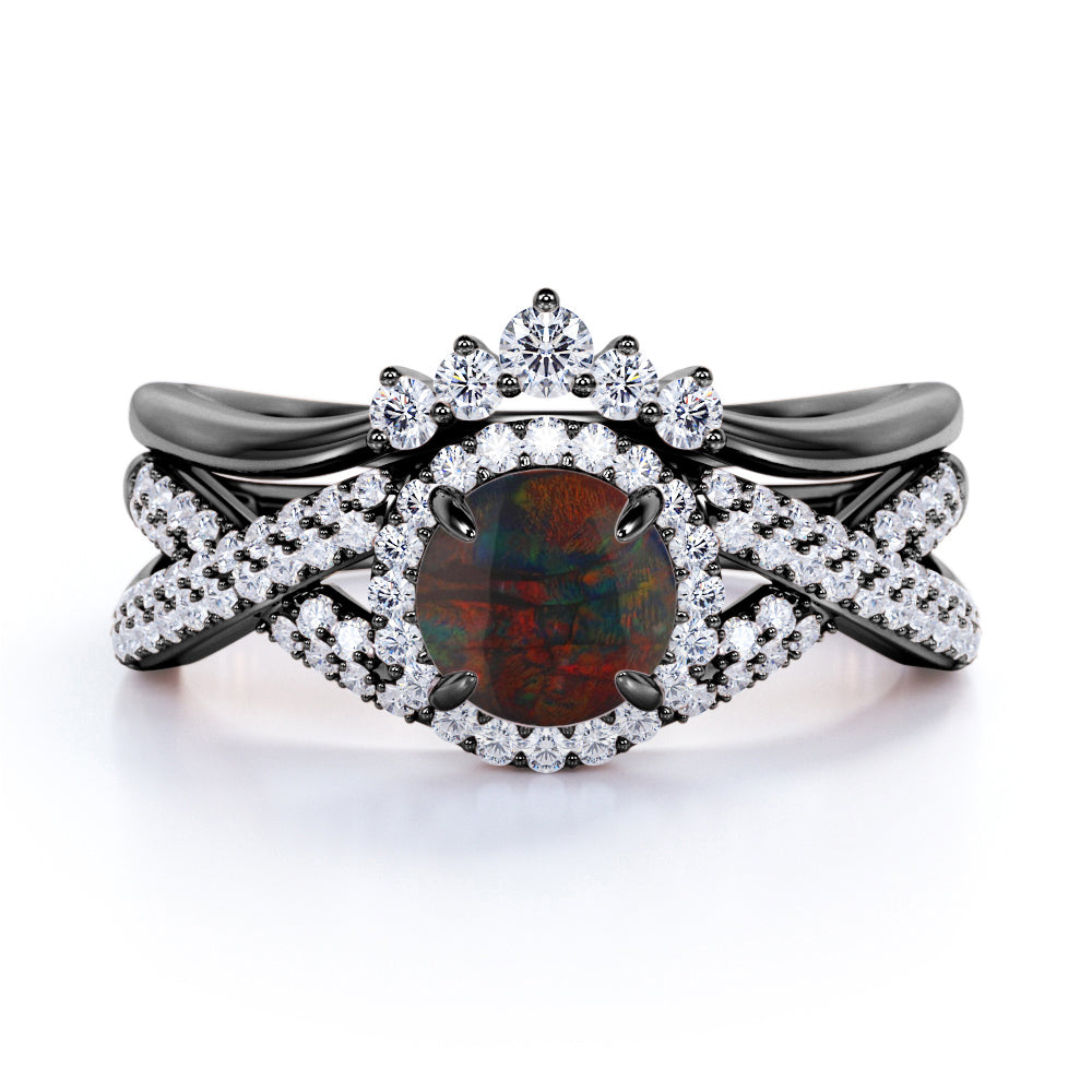 Chevron 1.60 Carat Round Cut Black Fire Opal And Diamond Infinity Halo Wedding Ring Set In White Gold