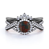 Chevron 1.60 Carat Round Cut Black Fire Opal And Diamond Infinity Halo Wedding Ring Set In White Gold