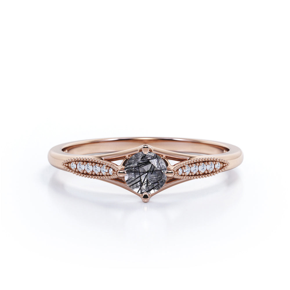 Classic 1.25 Carat Round Cut Natural Black Hair Rutilated Quartz and Diamond Pave Milgrain Engagement Ring in White Gold