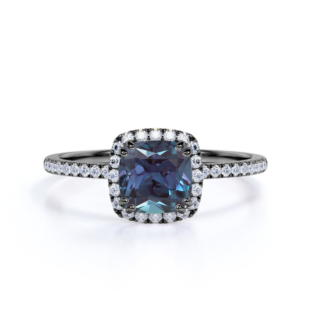 Pave 1.50 Ct Cushion Lab Alexandrite Halo Engagement Ring