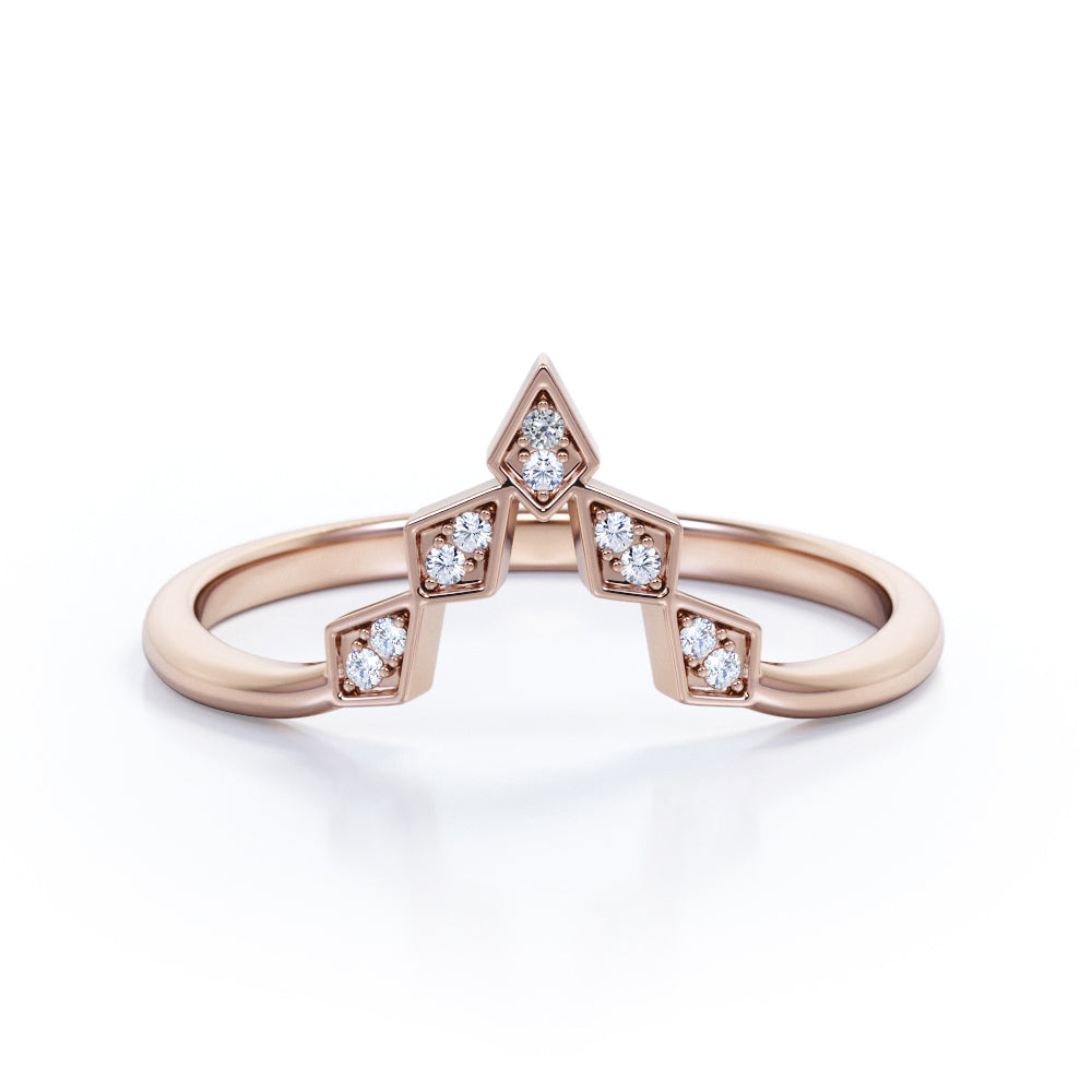 Fashionable Kite Bezel 0.10 TCW Round Cut Diamond V-Shaped  Wedding Band in White Gold