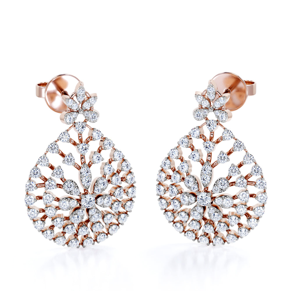 Floral Pattern 0.45 Carat Round Cut Moissanite Nature Inspired Drop Earrings In Rose Gold