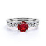 Perfect Filigree Four Claw 1.25 Carat Round cut Lab Ruby and Diamond Art Deco Bridal Ring Set in White Gold