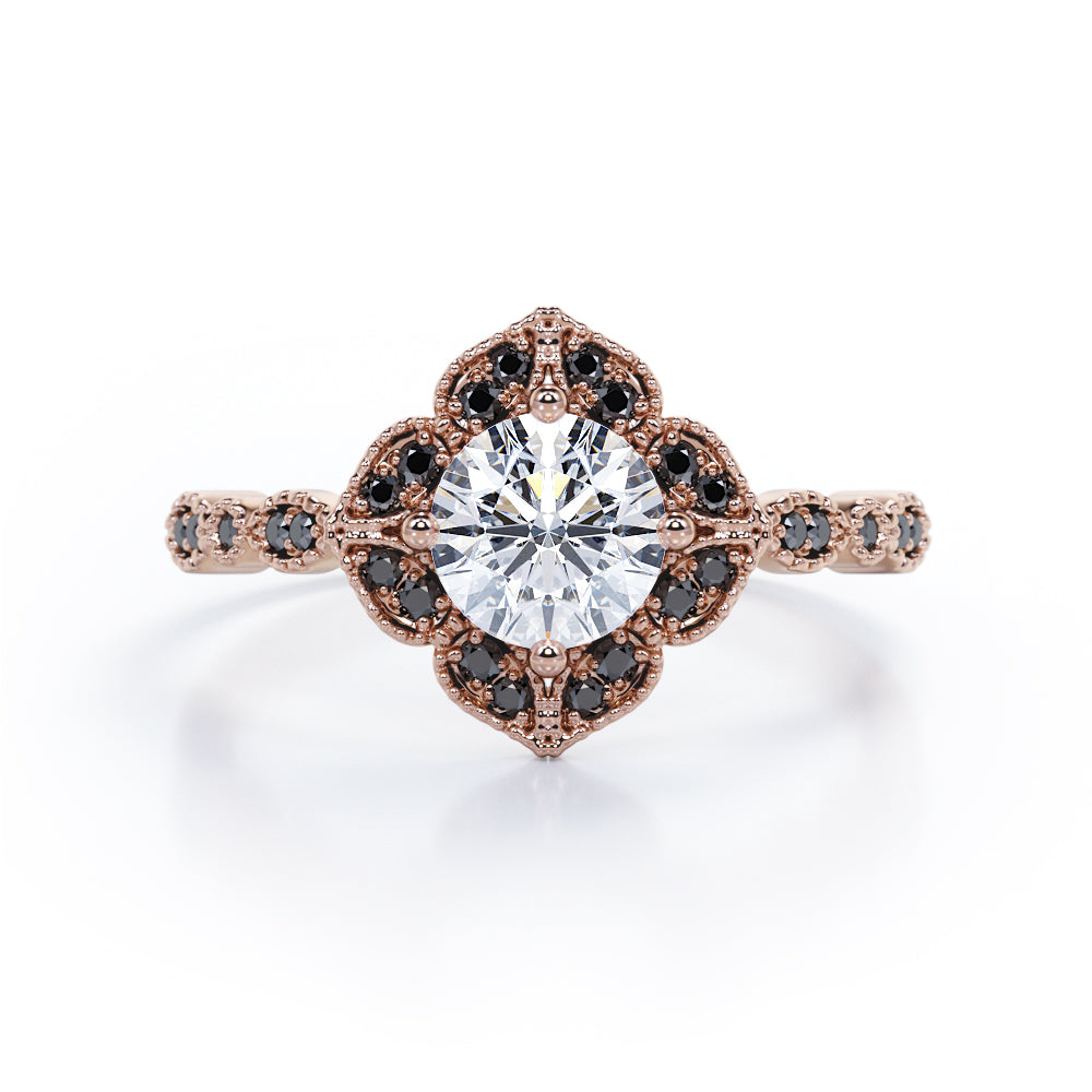 Milgrain Flower Cluster 1.5 TCW Round Brilliant Cut Moissanite with Lab Created Black Diamond Filigree Engagement Ring in White Gold