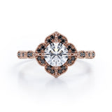 Milgrain Flower Cluster 1.5 TCW Round Brilliant Cut Moissanite with Lab Created Black Diamond Filigree Engagement Ring in White Gold