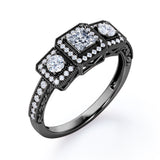 Vintage Milgrain 0.75 Carat Princess Cut Diamond Trilogy Halo Engagement Ring In White Gold