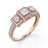 Vintage Milgrain 0.75 Carat Princess Cut Diamond Trilogy Halo Engagement Ring In White Gold