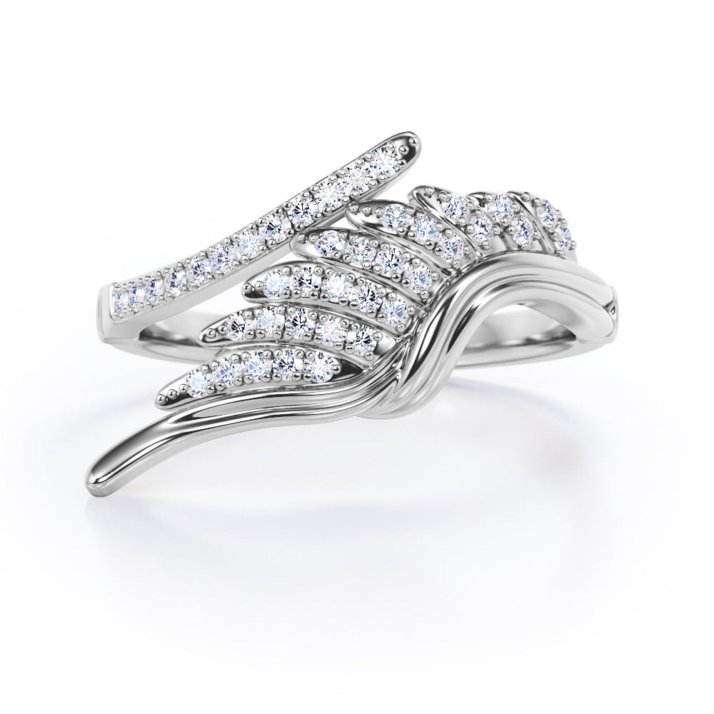 Pave Set Angel's Feather 0.35 Carat Round Cut Moissanite Open Parallel Shank Engagement Ring In Rose Gold