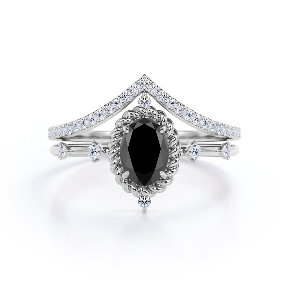 1.35 Carat Oval cut Lab Black Diamond Wedding Ring Set in Rose Gold