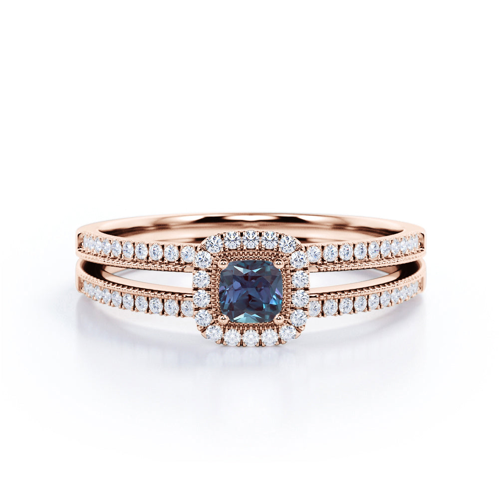 Split Shank 1.50 Carat Cushion Cut Lab Created Alexandrite And Diamond Pave Set Halo Engagement Ring In White Gold.