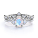Antique Milgrain 1.75 Carat Oval Cut Blue Moonstone, pearl and Diamond Art Deco Bridal Set in White Gold